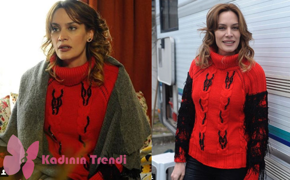 Gülizar dizisinin Suzi'sini canlandıran Ebru Cünbeyoğlun'un 5. bölümde giydiği kollarında siyah püskülleri olan kırmızı triko kazağın markası Drape Butik.
